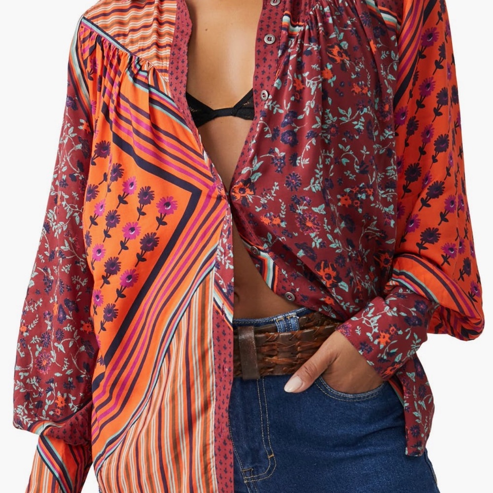 Free People Hazel Floral Stripe Button-Up Blouse